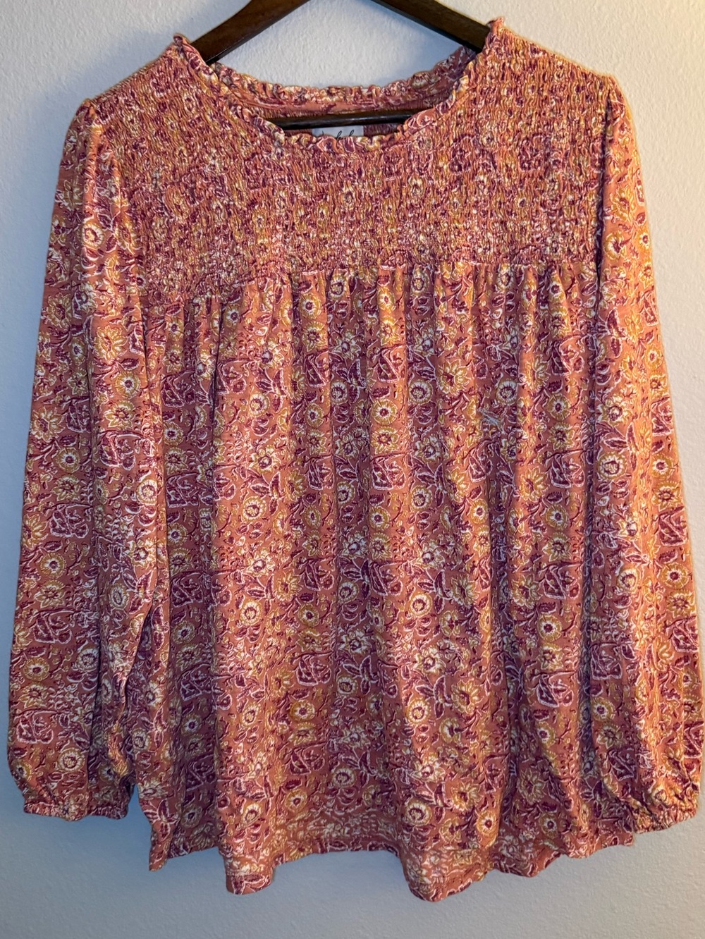 Wonderly Pink Paisley Smocked Yoke Long Sleeve Blouse